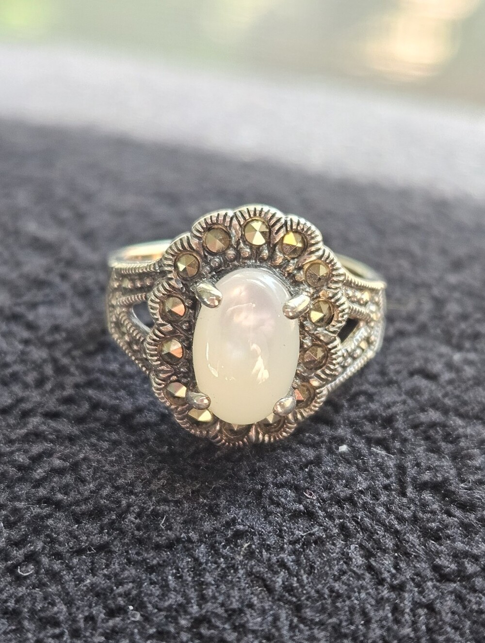 Marcasite Mother Of Pearl Cabochon Halo Ring